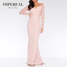 Lace Fishtail Maxi Long Sleeve Decent Evening Pink Lace Dress Women